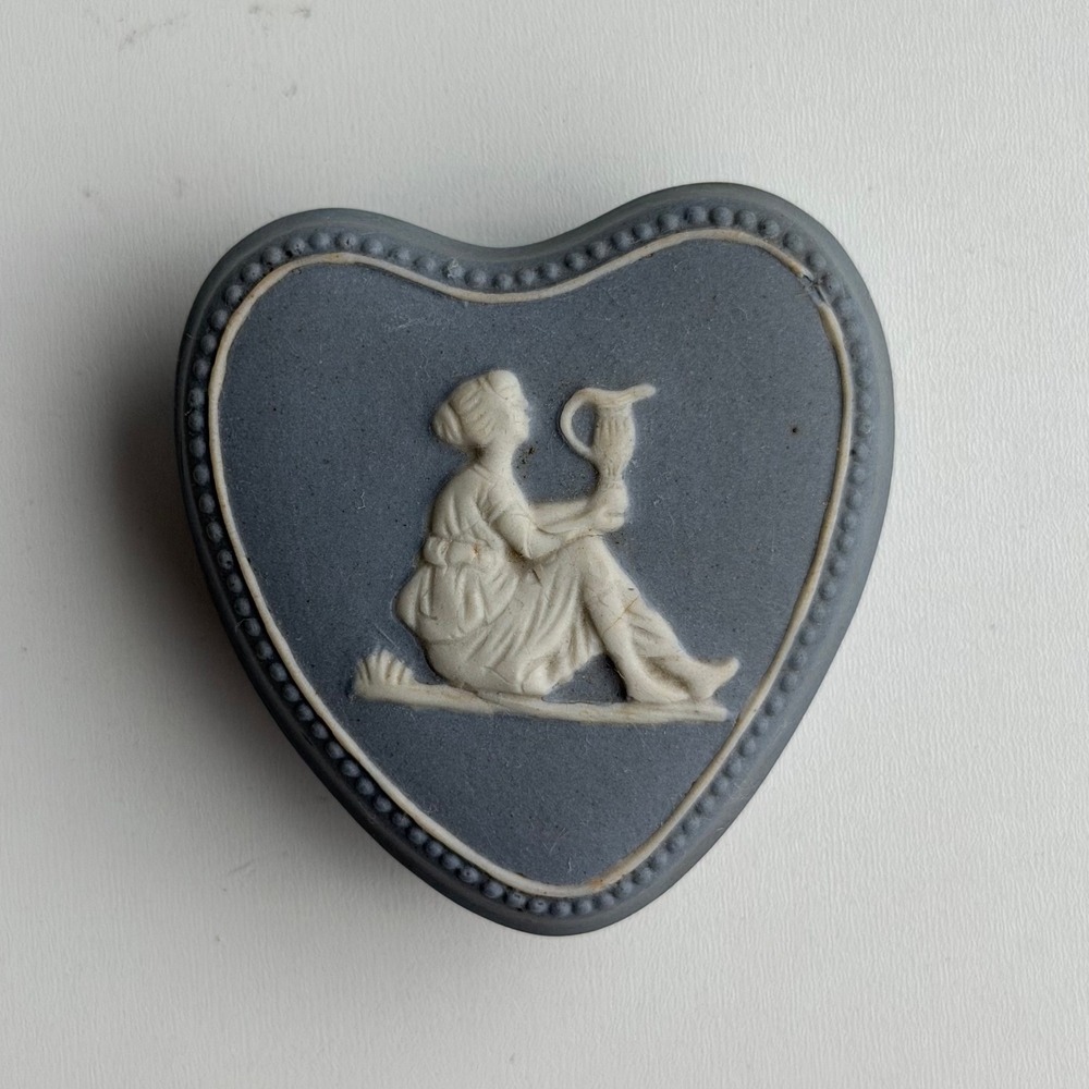 Vintage 40s 50s Jasperware Heart Trinket Box Blue Wedgwood Style Occupied Japan